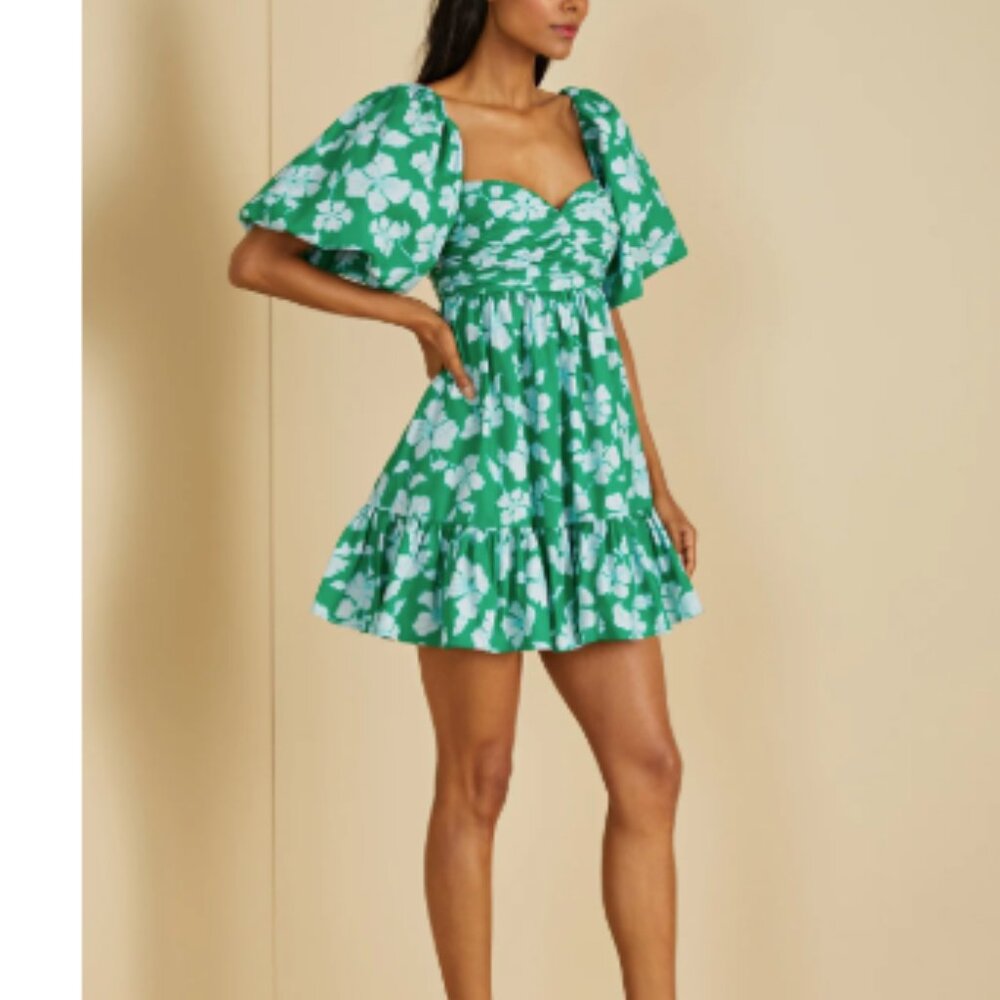 AMUR Martine Mini Dress‎ floral Sz 6 sweetheart neck puff sleeve green